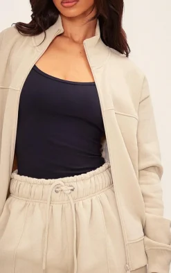 New PrettyLittleThing Petite Seam Detail Zip Through Track Top Pebble