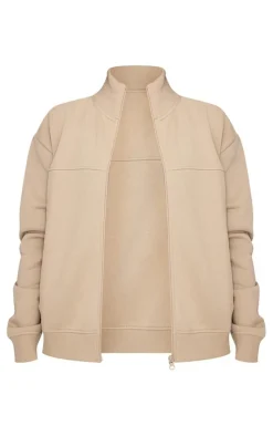 New PrettyLittleThing Petite Seam Detail Zip Through Track Top Pebble