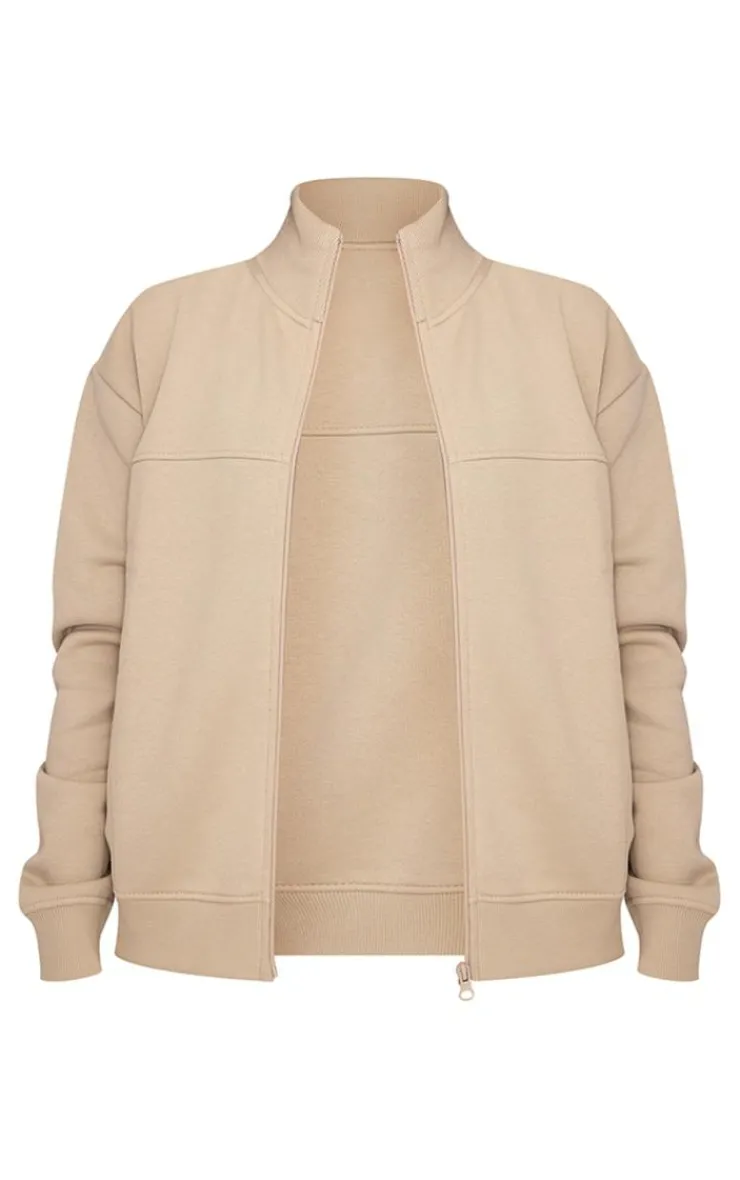 New PrettyLittleThing Petite Seam Detail Zip Through Track Top Pebble