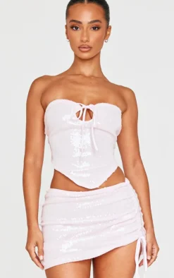 New PrettyLittleThing Petite Bandeau Cut Out Sequin Crop Top Pink