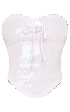 New PrettyLittleThing Petite Bandeau Cut Out Sequin Crop Top Pink