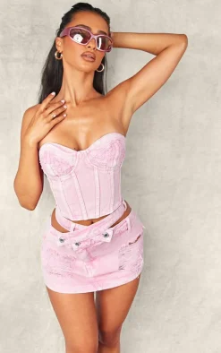 New PrettyLittleThing Petite Distressed Cut Out Waistband Mini Skirt Pink
