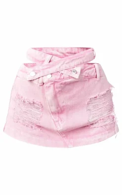 New PrettyLittleThing Petite Distressed Cut Out Waistband Mini Skirt Pink