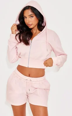 PrettyLittleThing Petite Embossed Heart Detail Cropped Zip Hoodie Pink