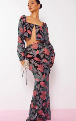 Clearance PrettyLittleThing Petite Floral Print Devore Maxi Skirt Pink