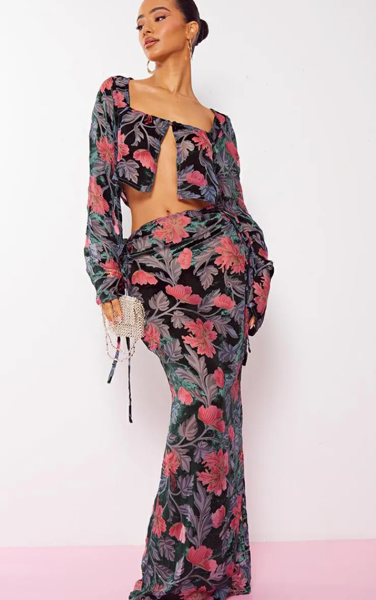 Clearance PrettyLittleThing Petite Floral Print Devore Maxi Skirt Pink