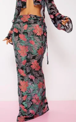 Clearance PrettyLittleThing Petite Floral Print Devore Maxi Skirt Pink