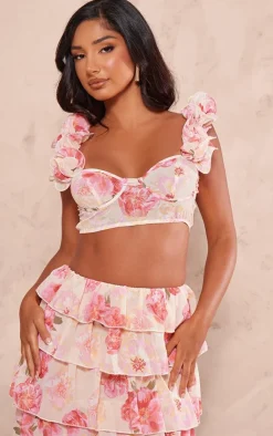 New PrettyLittleThing Petite Floral Ruffle Crop Top Pink