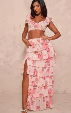 New PrettyLittleThing Petite Floral Ruffle Crop Top Pink