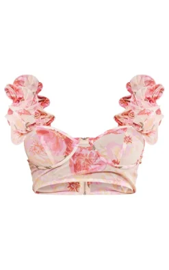 New PrettyLittleThing Petite Floral Ruffle Crop Top Pink