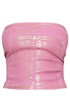 Petite Pink Metallic Denim Panel Long Top