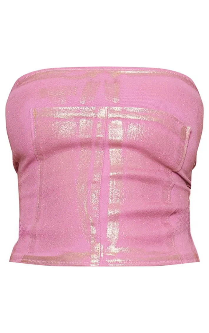 Petite Pink Metallic Denim Panel Long Top