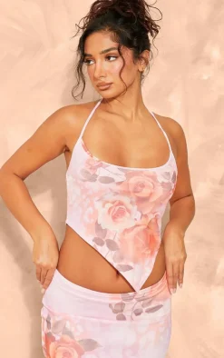 Clearance PrettyLittleThing Petite Printed Mesh Halterneck Crop Top Pink