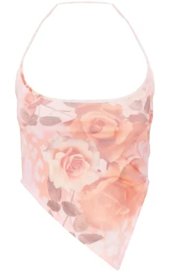 Clearance PrettyLittleThing Petite Printed Mesh Halterneck Crop Top Pink