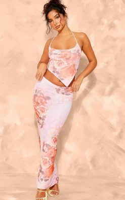 Hot PrettyLittleThing Petite Printed Mesh Low Waist Maxi Skirt Pink