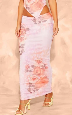 Hot PrettyLittleThing Petite Printed Mesh Low Waist Maxi Skirt Pink