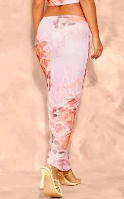 Hot PrettyLittleThing Petite Printed Mesh Low Waist Maxi Skirt Pink