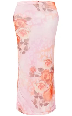 Hot PrettyLittleThing Petite Printed Mesh Low Waist Maxi Skirt Pink