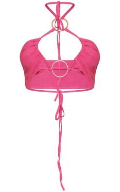 Clearance PrettyLittleThing Petite Ring Detail Linen Look Bralet Pink