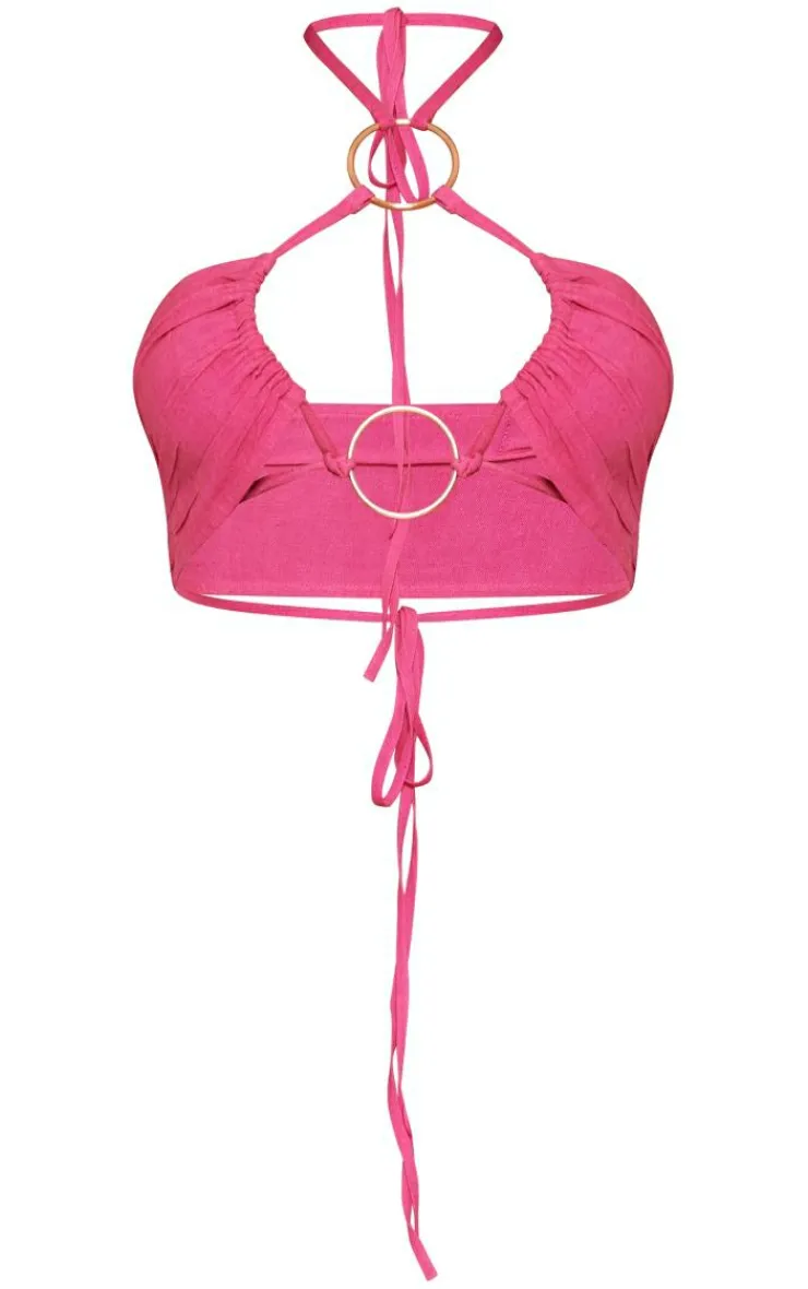 Clearance PrettyLittleThing Petite Ring Detail Linen Look Bralet Pink