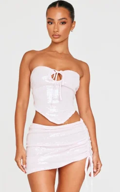 Online PrettyLittleThing Petite Ruched Side Sequin Mini Skirt Pink