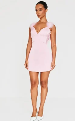 Petite Satin Fur Detail Mini Dress-PrettyLittleThing Online