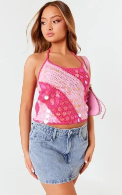 PrettyLittleThing Knitted Tops*Petite Striped Knitted Halterneck Sequin Top