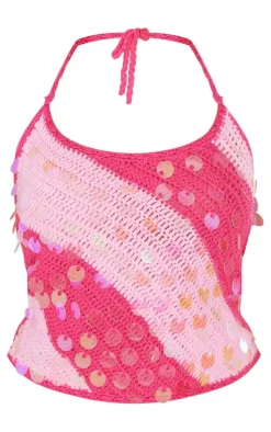 PrettyLittleThing Knitted Tops*Petite Striped Knitted Halterneck Sequin Top