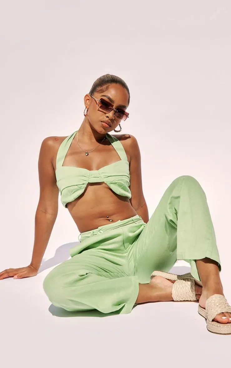 Clearance PrettyLittleThing Petite Linen Look Ruched Bralet Pistachio