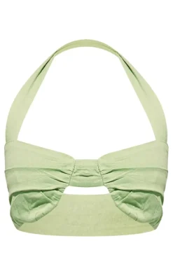 Clearance PrettyLittleThing Petite Linen Look Ruched Bralet Pistachio