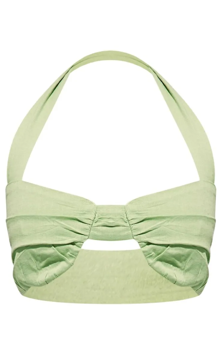 Clearance PrettyLittleThing Petite Linen Look Ruched Bralet Pistachio