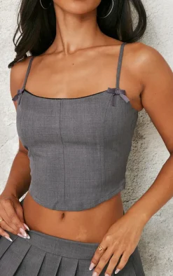 Best PrettyLittleThing Petite Premium Woven Bow Detail Corset Top Grey