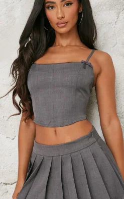 Best PrettyLittleThing Petite Premium Woven Bow Detail Corset Top Grey
