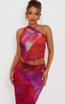 Outlet PrettyLittleThing Petite Crushed Mesh Ring Trim Asymmetric Neckline Top Purple