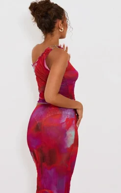 Outlet PrettyLittleThing Petite Crushed Mesh Ring Trim Asymmetric Neckline Top Purple