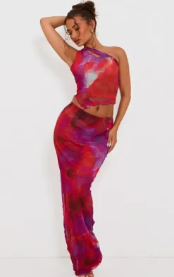 Outlet PrettyLittleThing Petite Crushed Mesh Ring Trim Asymmetric Neckline Top Purple