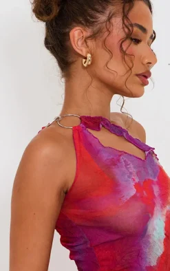 Outlet PrettyLittleThing Petite Crushed Mesh Ring Trim Asymmetric Neckline Top Purple