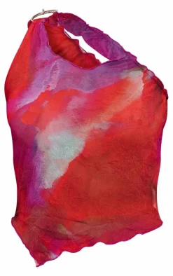Outlet PrettyLittleThing Petite Crushed Mesh Ring Trim Asymmetric Neckline Top Purple