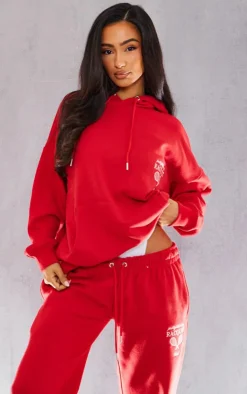 PrettyLittleThing Petite Graphic Oversized Hoodie Red