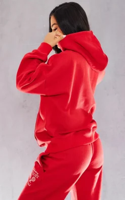 PrettyLittleThing Petite Graphic Oversized Hoodie Red