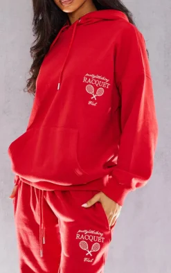 PrettyLittleThing Petite Graphic Oversized Hoodie Red