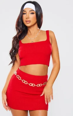 Online PrettyLittleThing Petite Knitted Mini Skirt Red