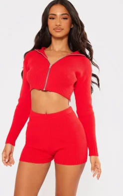 Hot PrettyLittleThing Petite Knitted Zip Up Cardigan Red