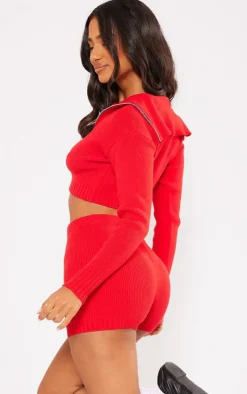 Hot PrettyLittleThing Petite Knitted Zip Up Cardigan Red