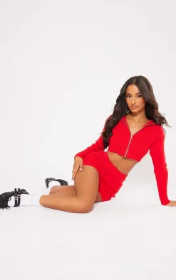 Hot PrettyLittleThing Petite Knitted Zip Up Cardigan Red