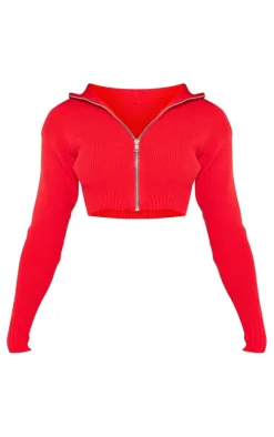 Hot PrettyLittleThing Petite Knitted Zip Up Cardigan Red