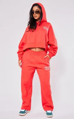 Online PrettyLittleThing Petite Premium Tonal Print Panelled Straight Leg Sweatpants Red