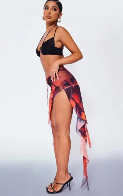 Petite Red Rose Mesh Printed Asymmetric Micro Mini Skirt