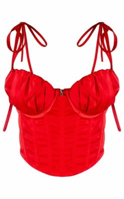 New PrettyLittleThing Petite Satin Fitted Corset Top Red