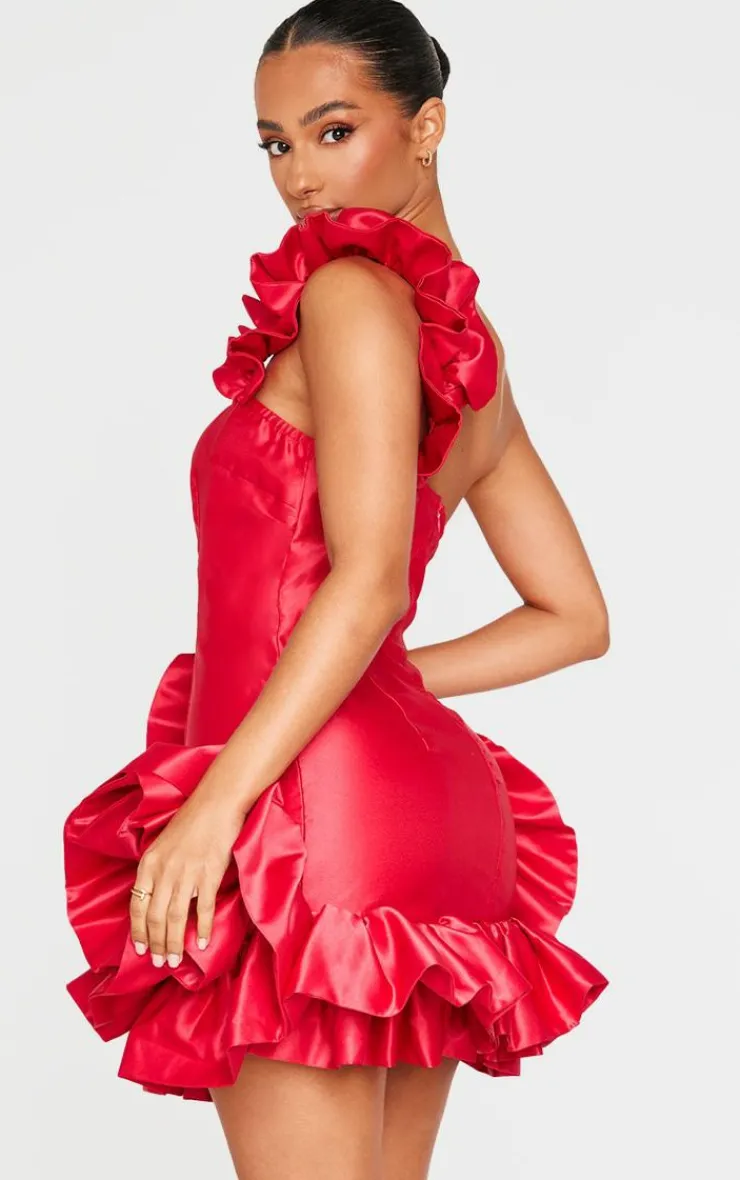 Petite Satin Ruffle Hem One Shoulder Mini Dress-PrettyLittleThing